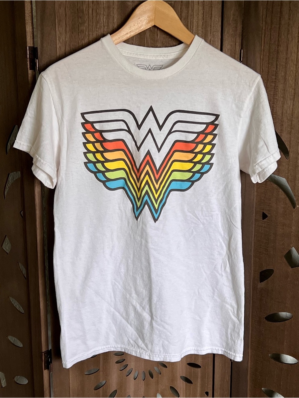 DC White Tee with Rainbow Wonder Woman-Inspired Logo